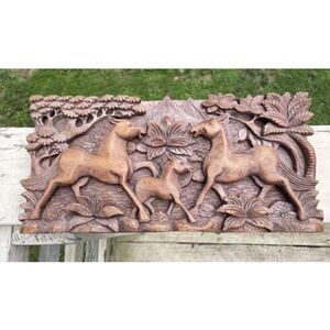 Vintage Italian Hand Carved Horses Wall Art Plaque Decor 15.5”x 8”